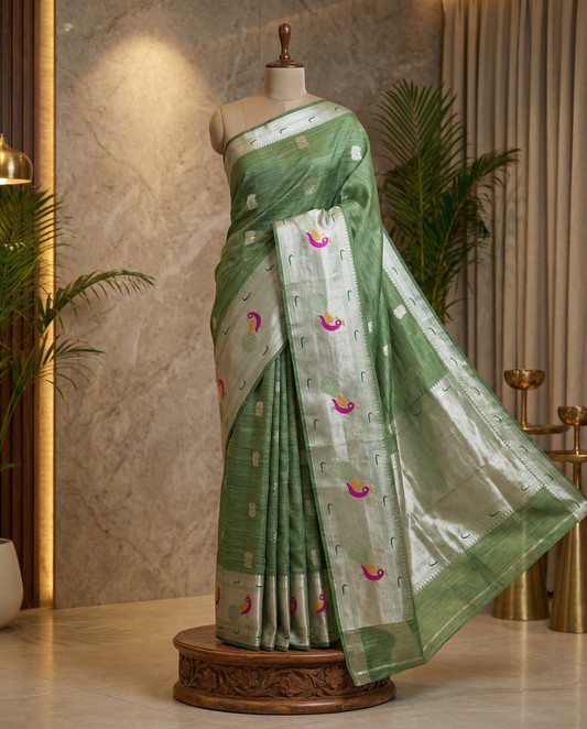 Handwoven Chanderi Cotton Saree – Sage Green with Peacock Motif Border