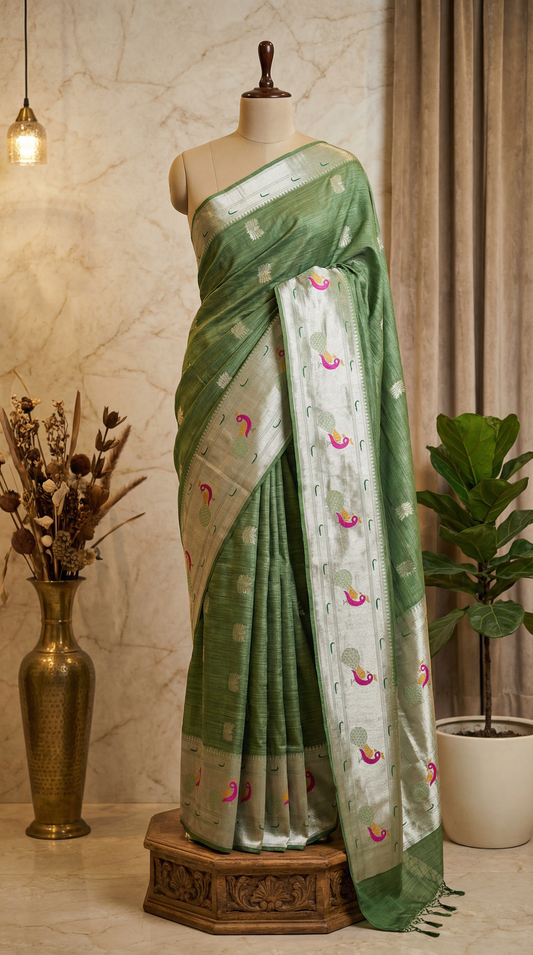 Handwoven Chanderi Cotton Saree – Sage Green with Peacock Motif Border
