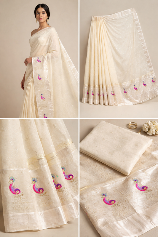 Handwoven Chanderi Cotton Saree – Ivory Cream with Peacock Motif Border