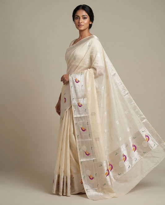 Handwoven Chanderi Cotton Saree – Ivory Cream with Peacock Motif Border
