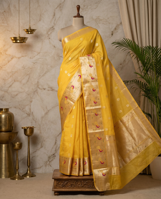 Handwoven Chanderi Cotton Saree – Mustard Yellow with Peacock Motif Border