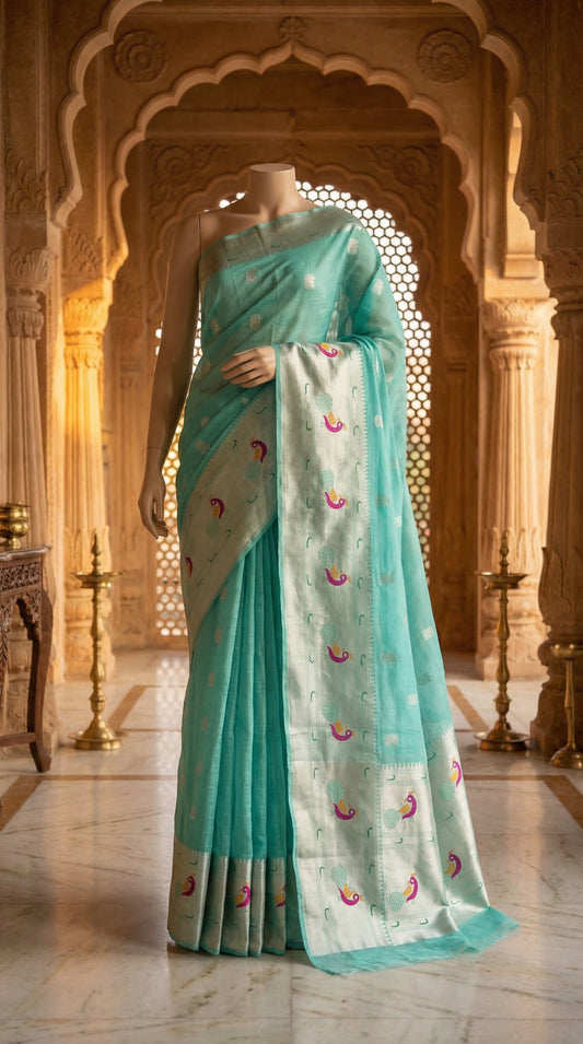 Handwoven Chanderi Cotton Saree – Aqua Green with Peacock Motif Border