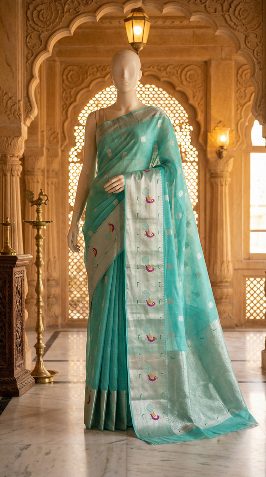 Handwoven Chanderi Cotton Saree – Aqua Green with Peacock Motif Border